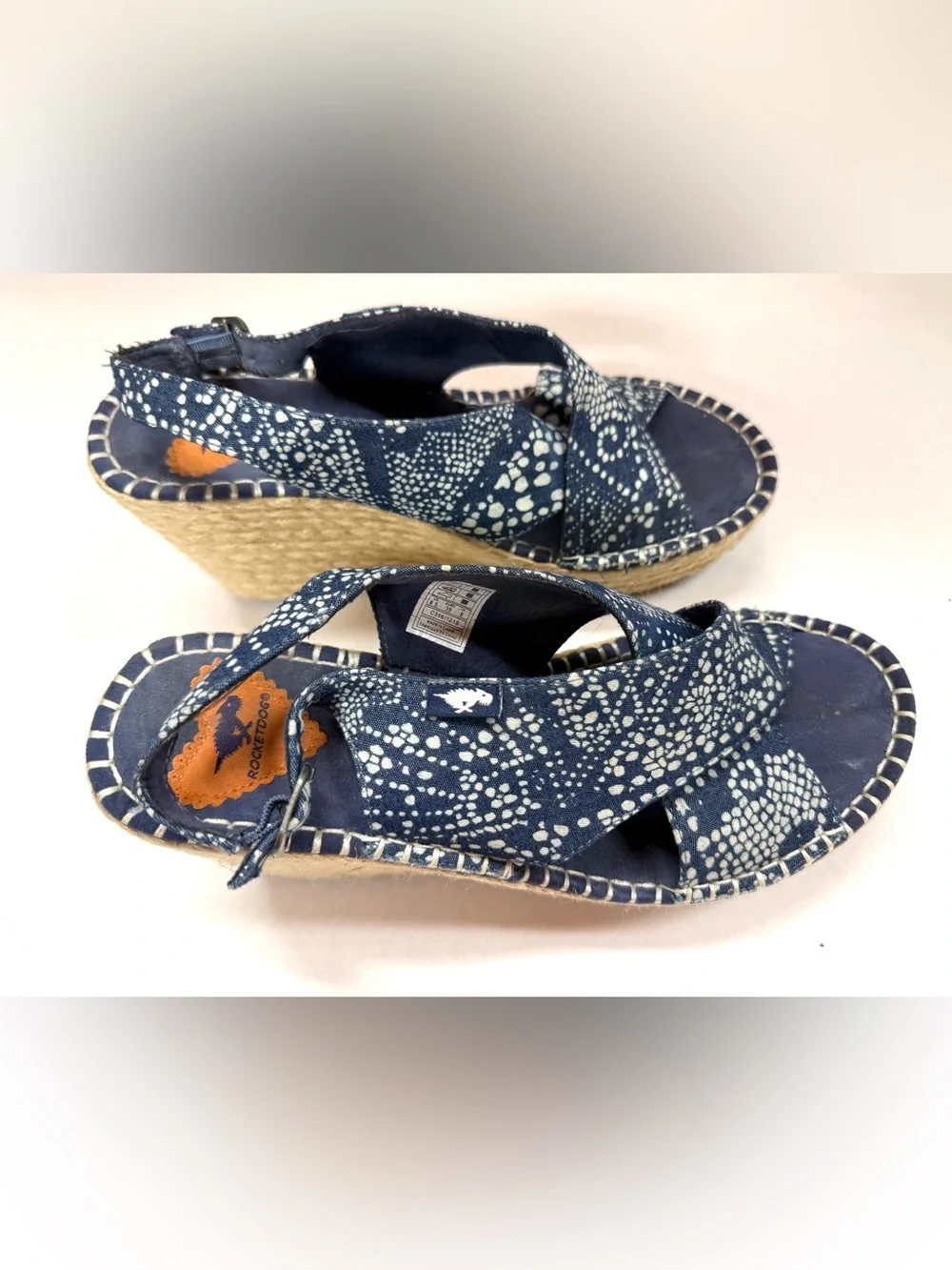 Rocket Dog Navy & White Printed Espadrille Wedge Sandals sz8.5